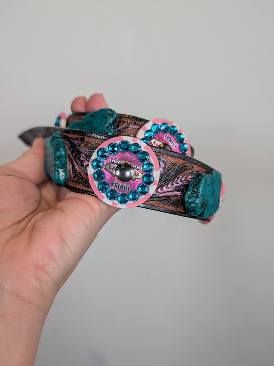 Accessories - Women s Turquoise & Pink Decorative Leather Western Belt
